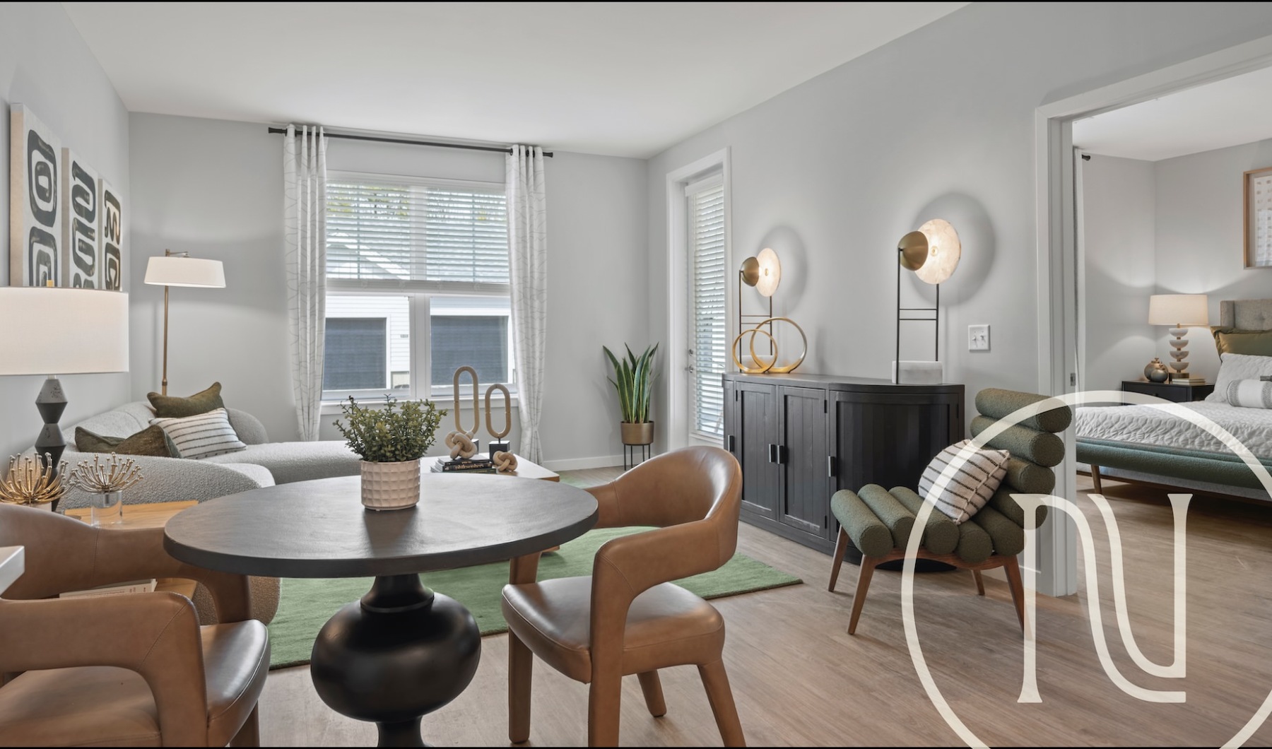 a living room with a couch and a table