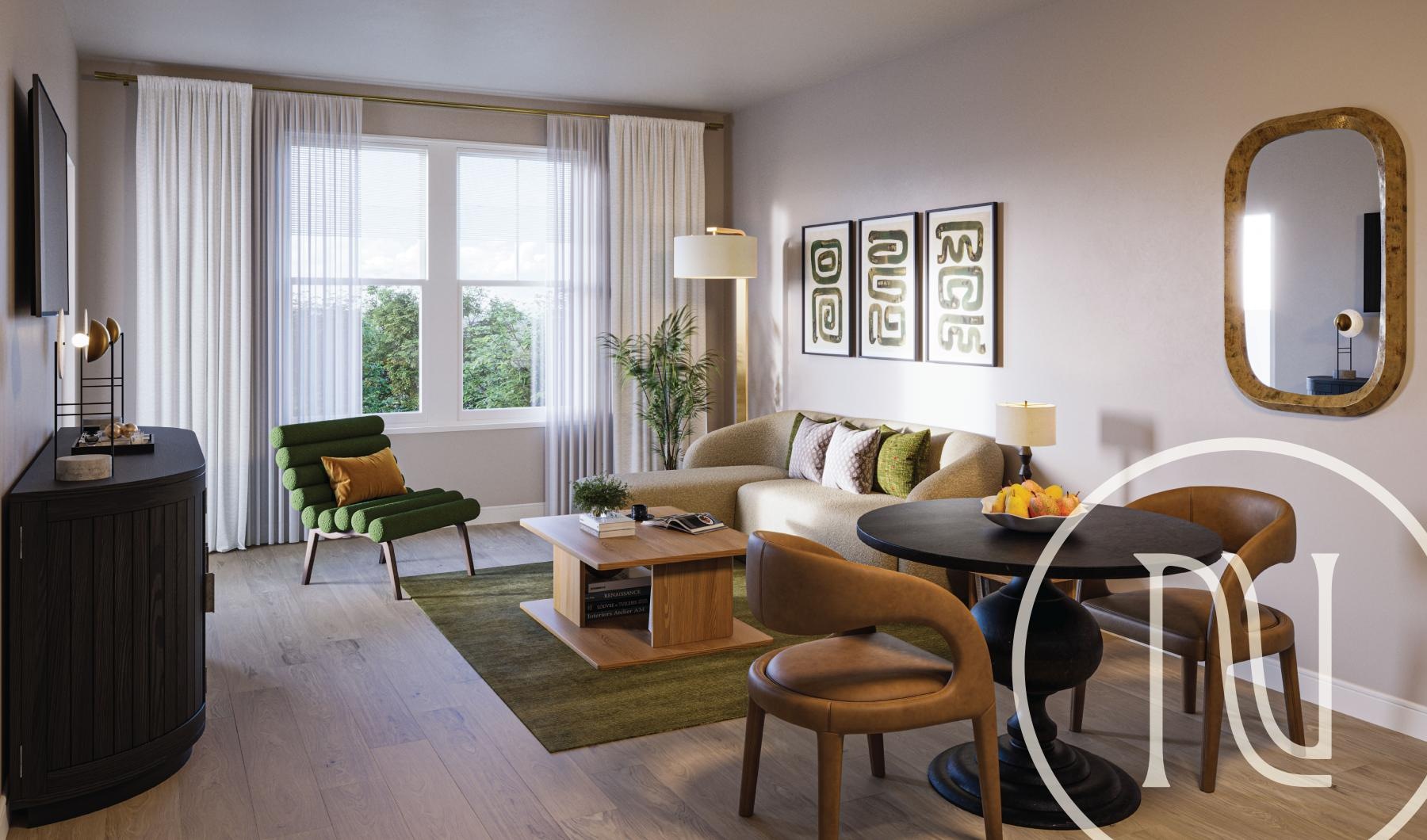 a living room with a couch and a table